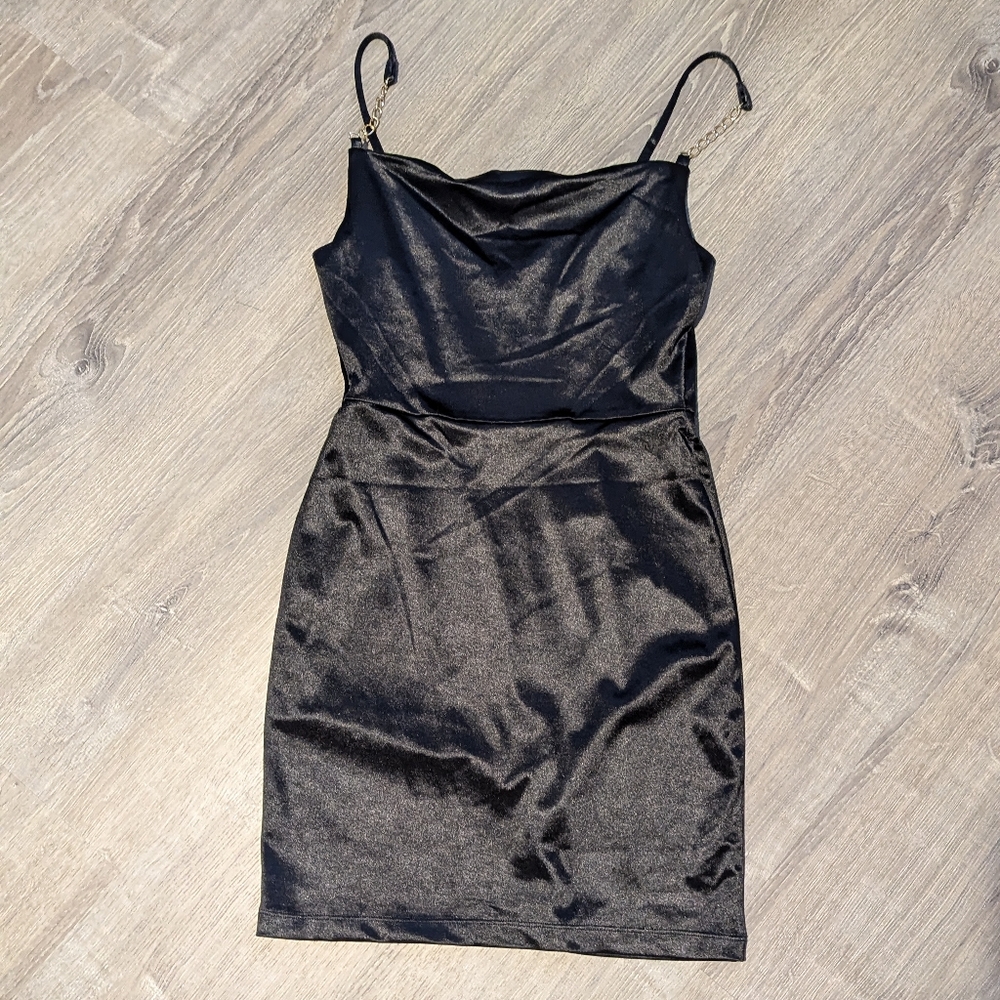Planet Gold Black Satin Mini Dress with Gold Chain Straps Size M